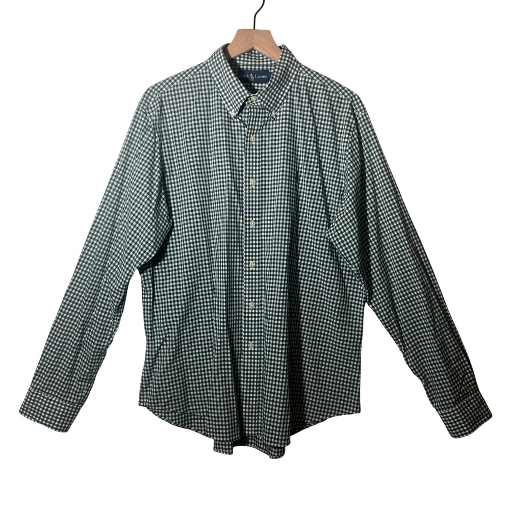 Ralph Lauren Button Down Shirt in Green Gingham with Purple Logo, Men's Size XL